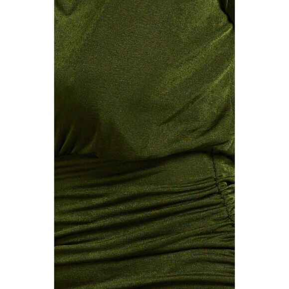 NWT Showpo Kaitie Mini Deep V Open Front Ruched Dress in Khaki, Size 4 - Picture 8 of 16